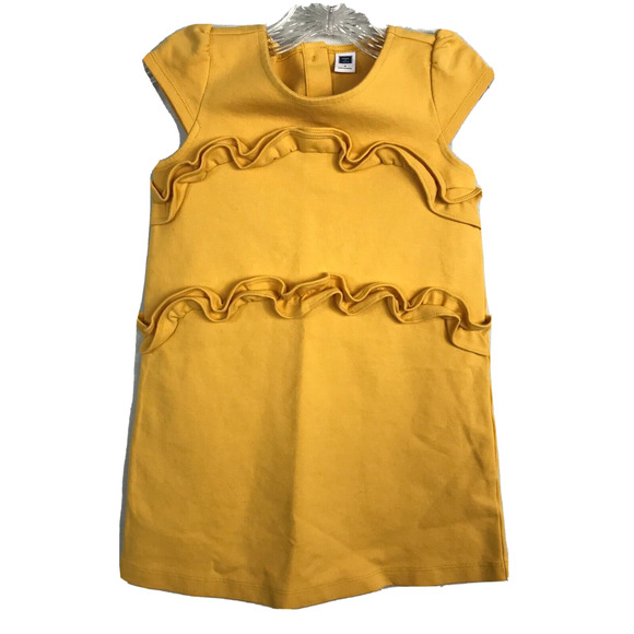 Janie and Jack Dress Girls Sz 4 Yellow Cotton Stretch Cap‎ Sleeve Ruffle - Picture 1 of 8